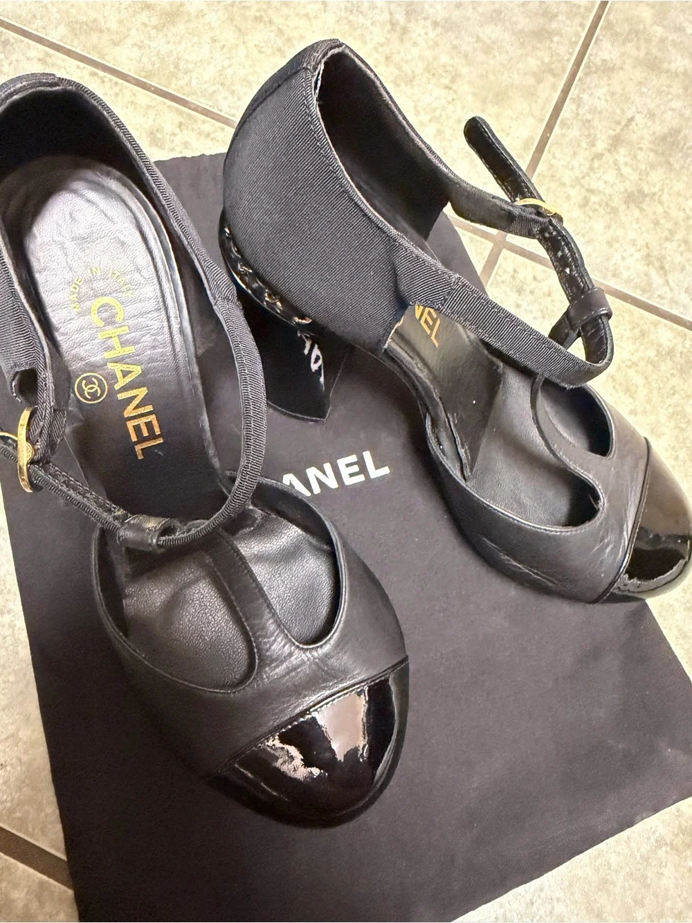 CHANEL Black Leather and Patent T-Strap Peep-Toe Heels